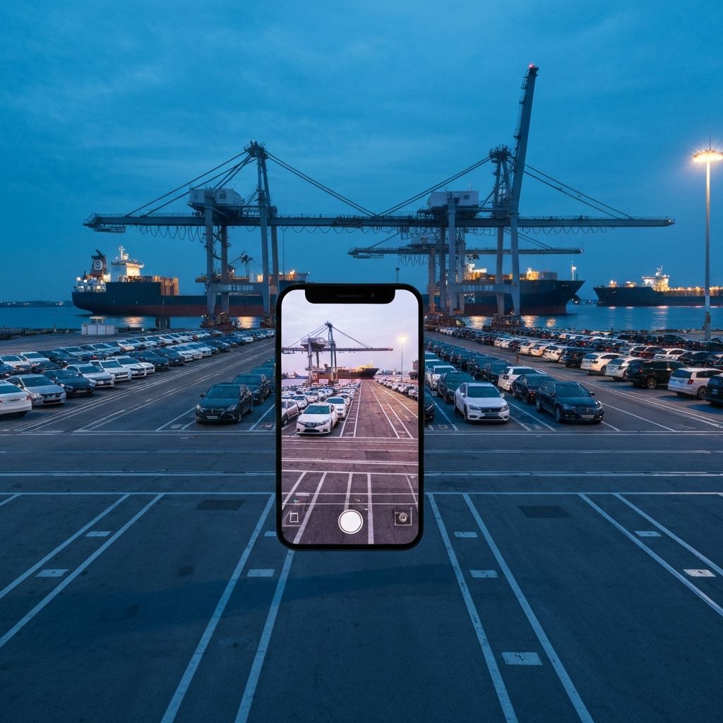 Car import port at night